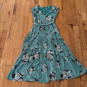 Free People Teal Floral Tiered Maxi Dress with Waist Tie